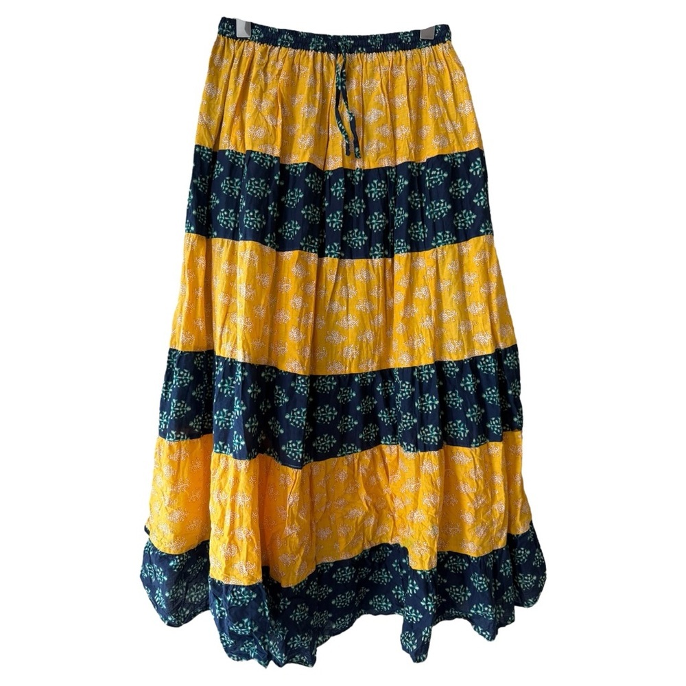SOLD Boho Cottage Tiered Maxi Skirt Size Small Medium Navy Blue Yellow - Picture 1 of 7